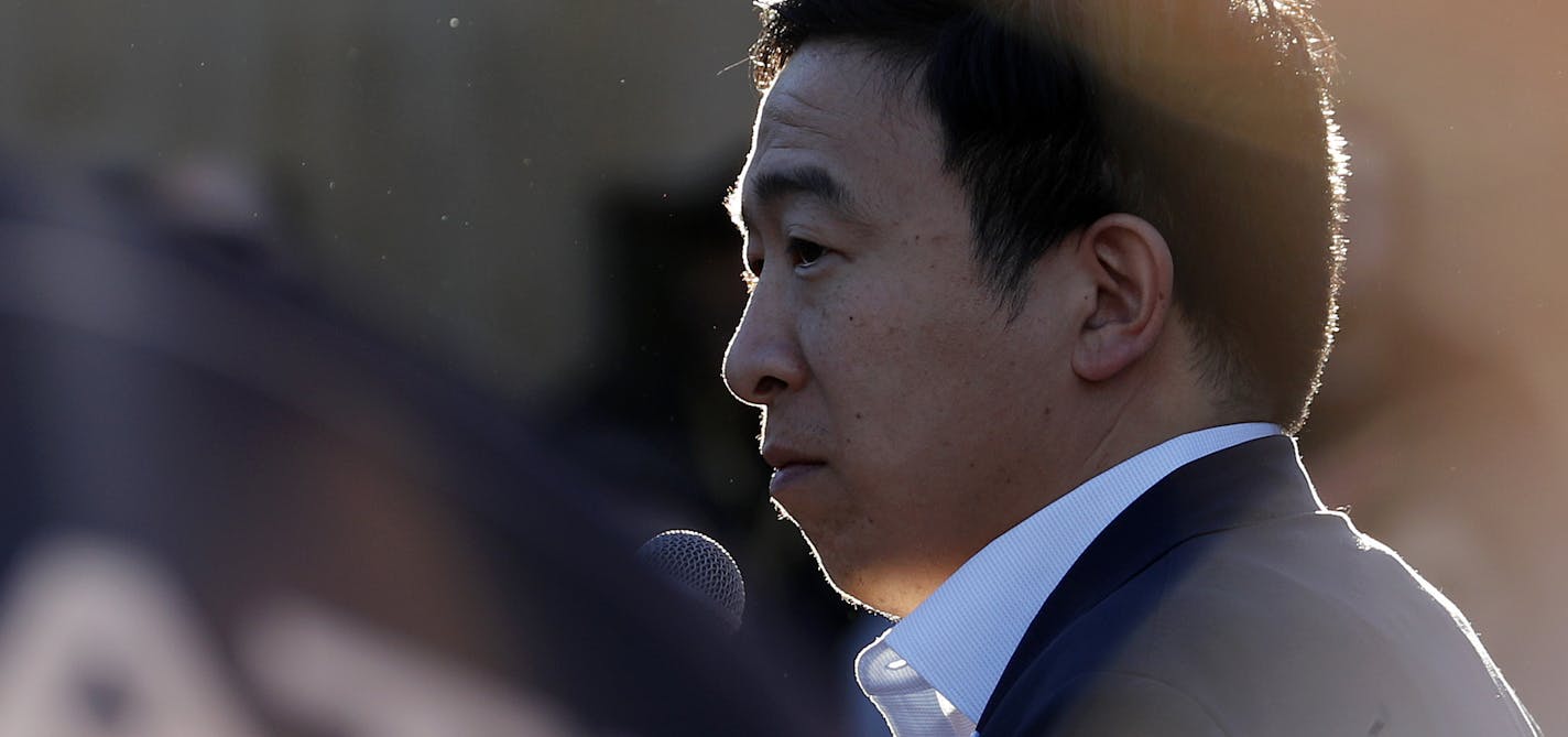 Democratic presidential candidate and entrepreneur Andrew Yang speaks at a campaign event Tuesday, April 23, 2019, in Las Vegas. (AP Photo/John Locher)