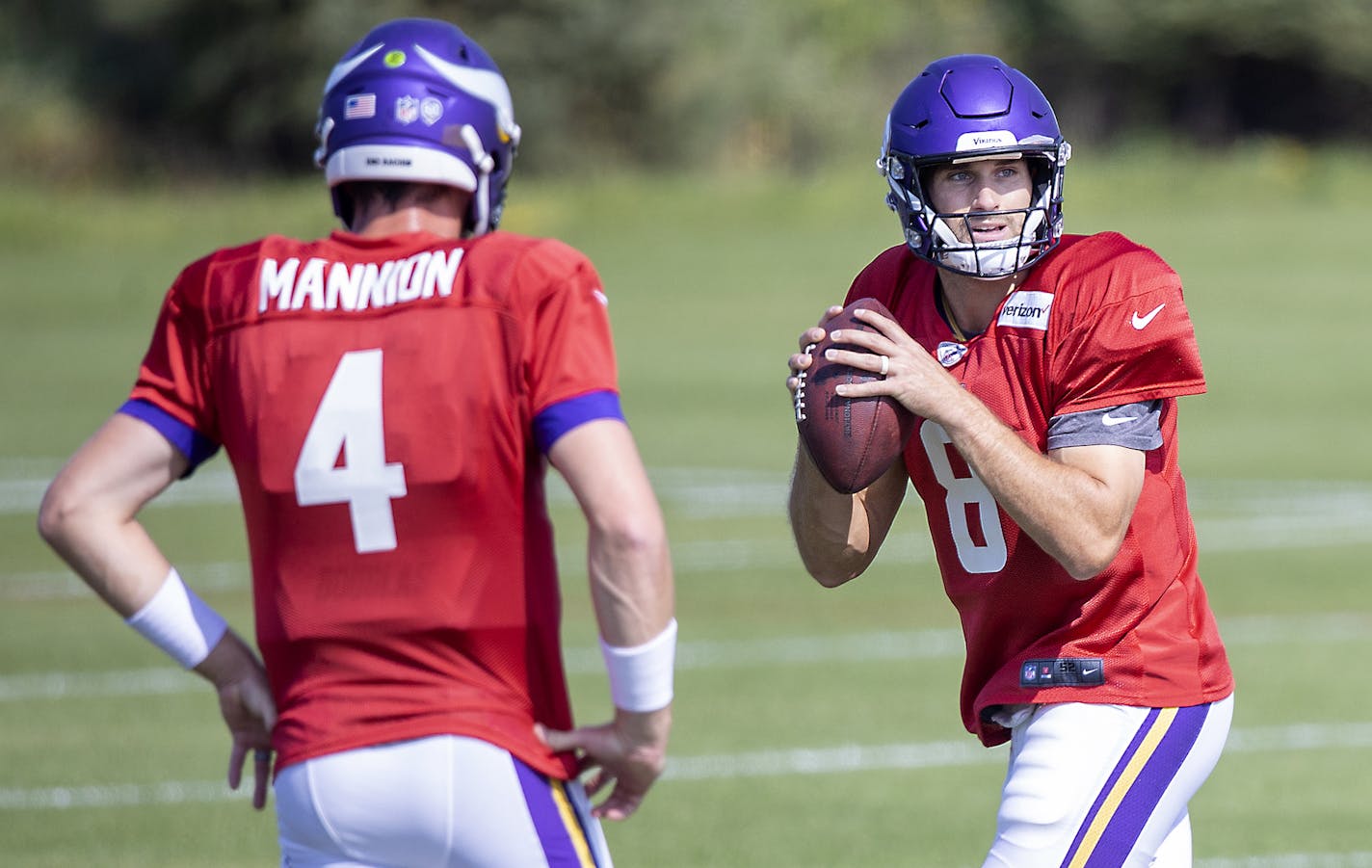 Vikings quarterback Kirk Cousins, right, and backup Sean Mannion practiced at TCO Performance Center on Wednesday. Cousins is coming off his worst game ever as a pro, compiling a 15.9 passer rating Sunday against the Colts.