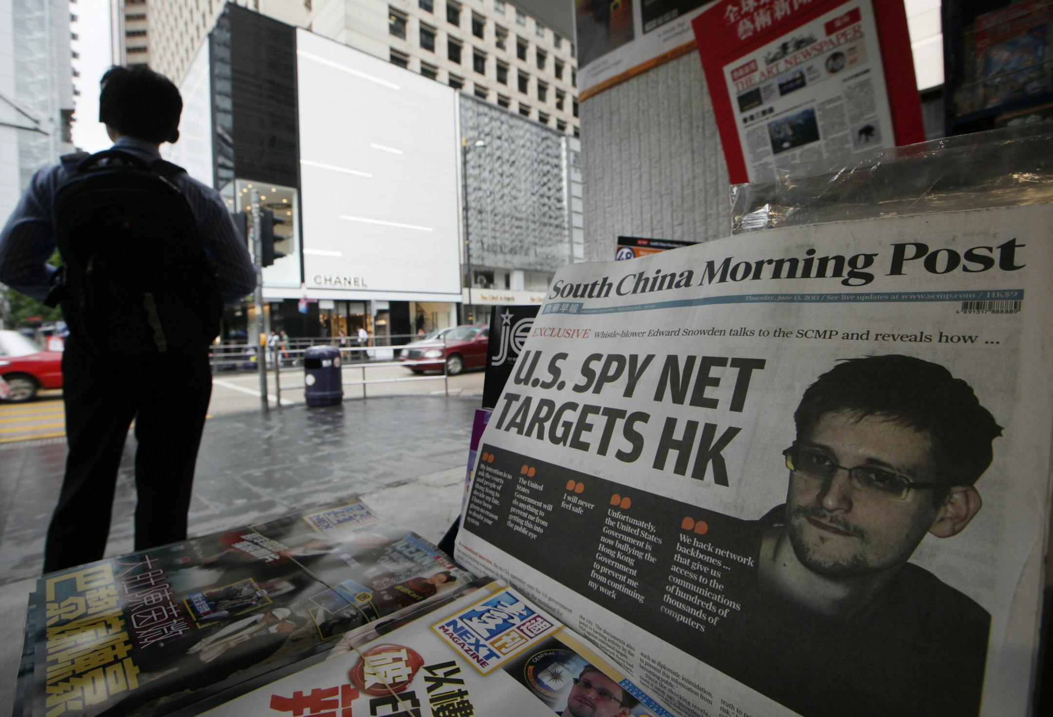 A picture of Edward Snowden, who leaked secret documents about sweeping U.S. surveillance programs, was displayed on the front page of the South China Morning Post at a newsstand in Hong Kong.