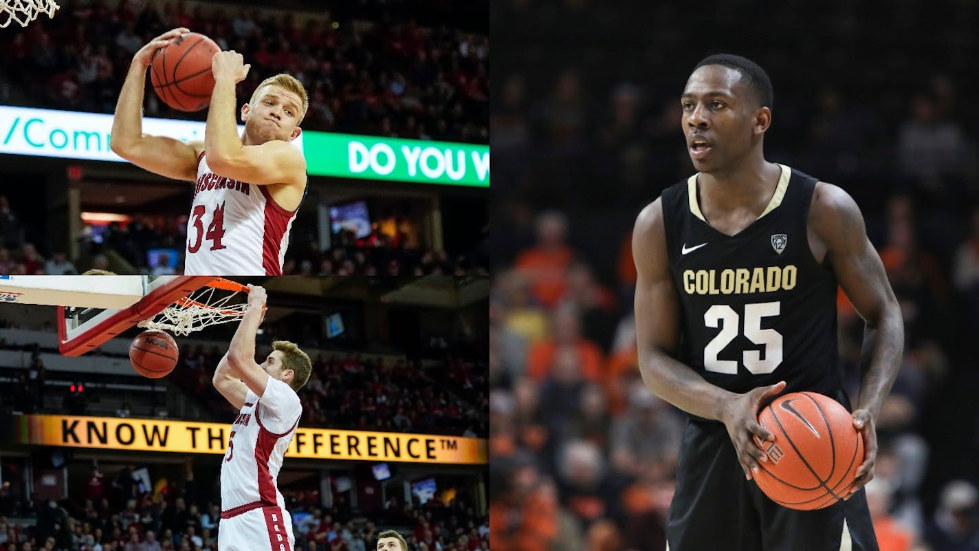 Brad Davison and Nate Reuvers (upper and lower left) helped Wisconsin reach the 2019 NCAA tournament, while Colorado's McKinley Wright has developed into an all-Pac 12 player. The trio, all Minnesota prep standouts in the Class of 2017, are preparing for their senior seasons.