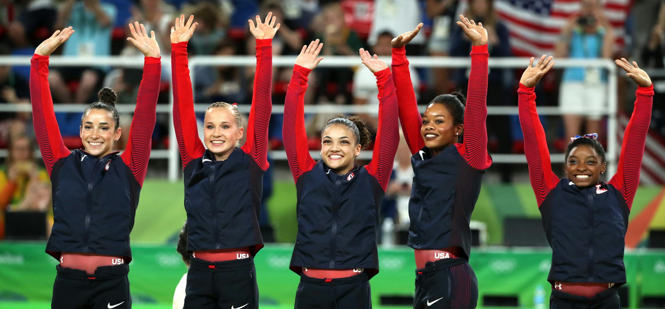 USA women's Gymnastic team took home the gold medal in team competition for the 2nd straight Olympics. (L to R) Alexandra Raisman, Madison Kocian, Lauren Hernandez, Simone Biles and Gabby Douglas. ] 2016 Summer Olympic Games - Rio Brazil brian.peterson@startribune.com Rio de Janeiro, Brazil - 08/09/2016