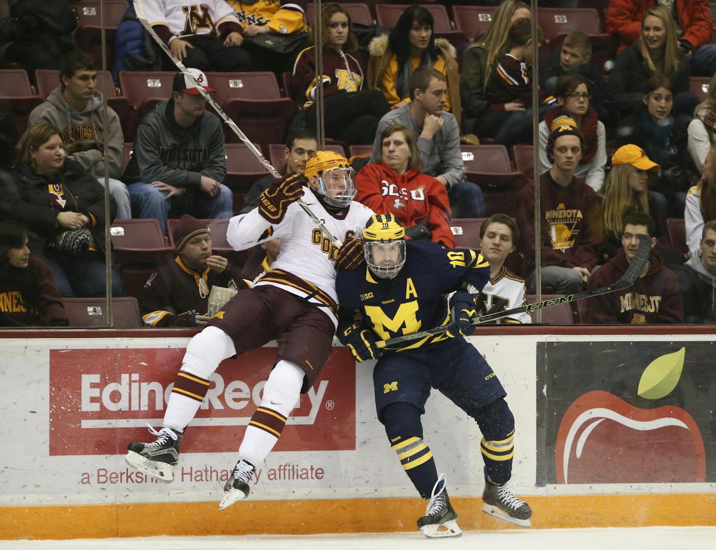 Gophers defenseman Ryan Collins (6) missed a check aimed for Wolverines forward Justin Selman (10) in the third period. ] JEFF WHEELER &#xef; jeff.wheeler@startribune.com The University of Minnesota men's hockey team lost 6-2 to the University of Michigan Thursday night, February 25, 2016 at Mariucci Arena in Minneapolis.