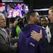 Vikings interim head coach Mike Priefer congratulated Dallas head coach Jason Garrett, right, on his team's win Thursday night.