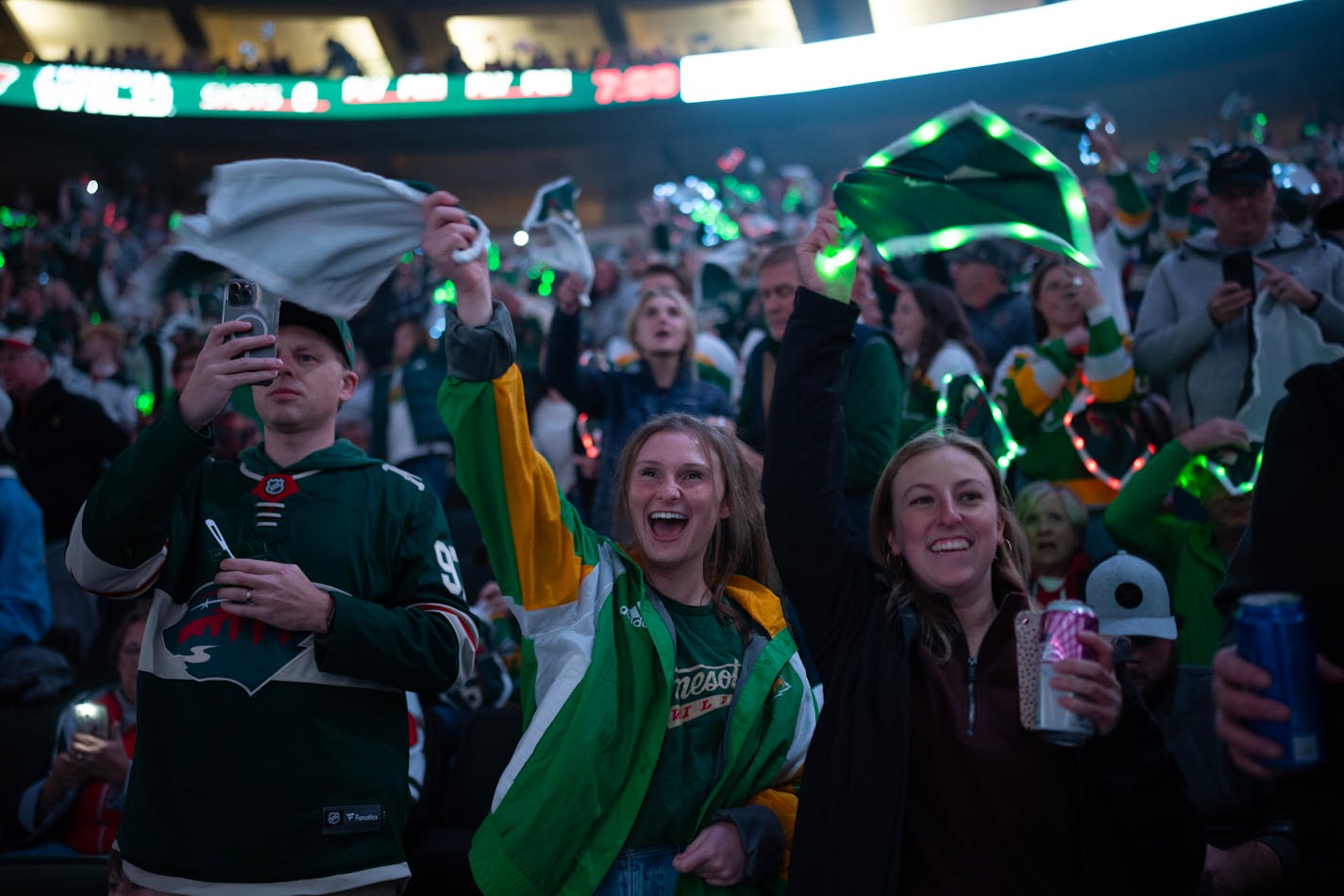 Fans waved towels with LEDs embedded in them as the Wild took to the ice for the first period. The Minnesota Wild faced the Florida Panthers in an NHL hockey game Thursday night, October 12, 2023 at Xcel Energy Center in St. Paul. ] JEFF WHEELER • jeff.wheeler@startribune.com