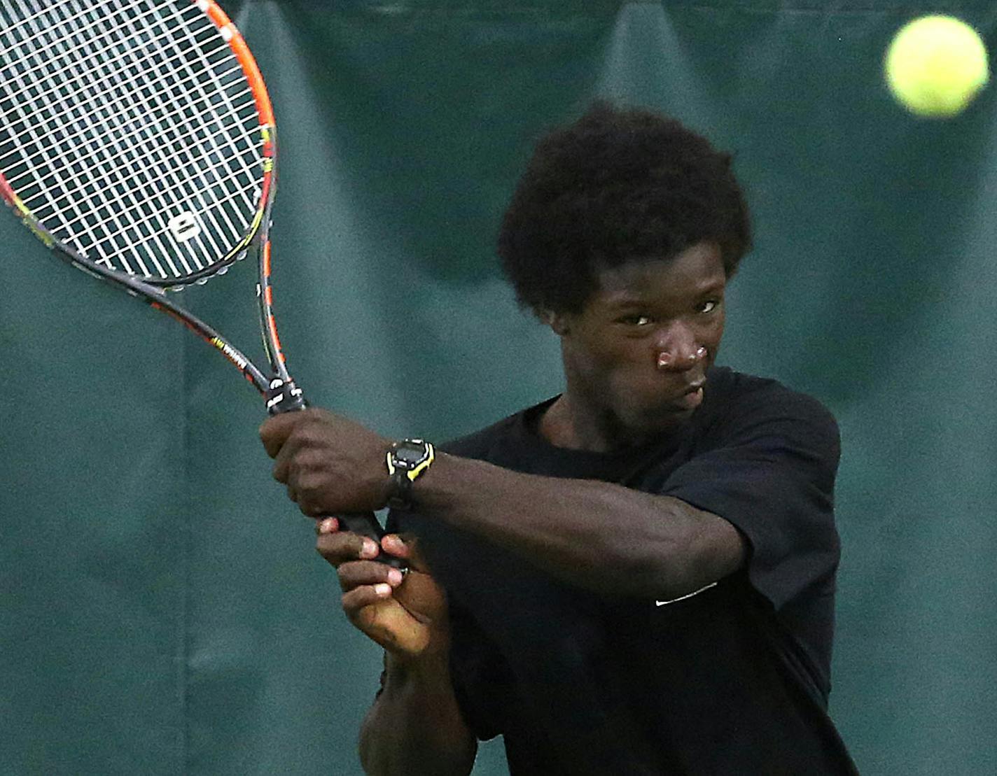 Joshua Gearou, Elk River High School, returned the ball during the championship match. ] JIM GEHRZ &#xef; james.gehrz@startribune.com / Minneapolis, MN / June 5, 2015 / 11:30 AM &#xf1; BACKGROUND INFORMATION: Joshua Gearou, Elk River High School, played Toby Boyer, Forest Lake High School in the Class 2A boys' tennis individual championship match at the U of M Baseline Tennis Center. Boyer, Forest Lake High School, won the match.