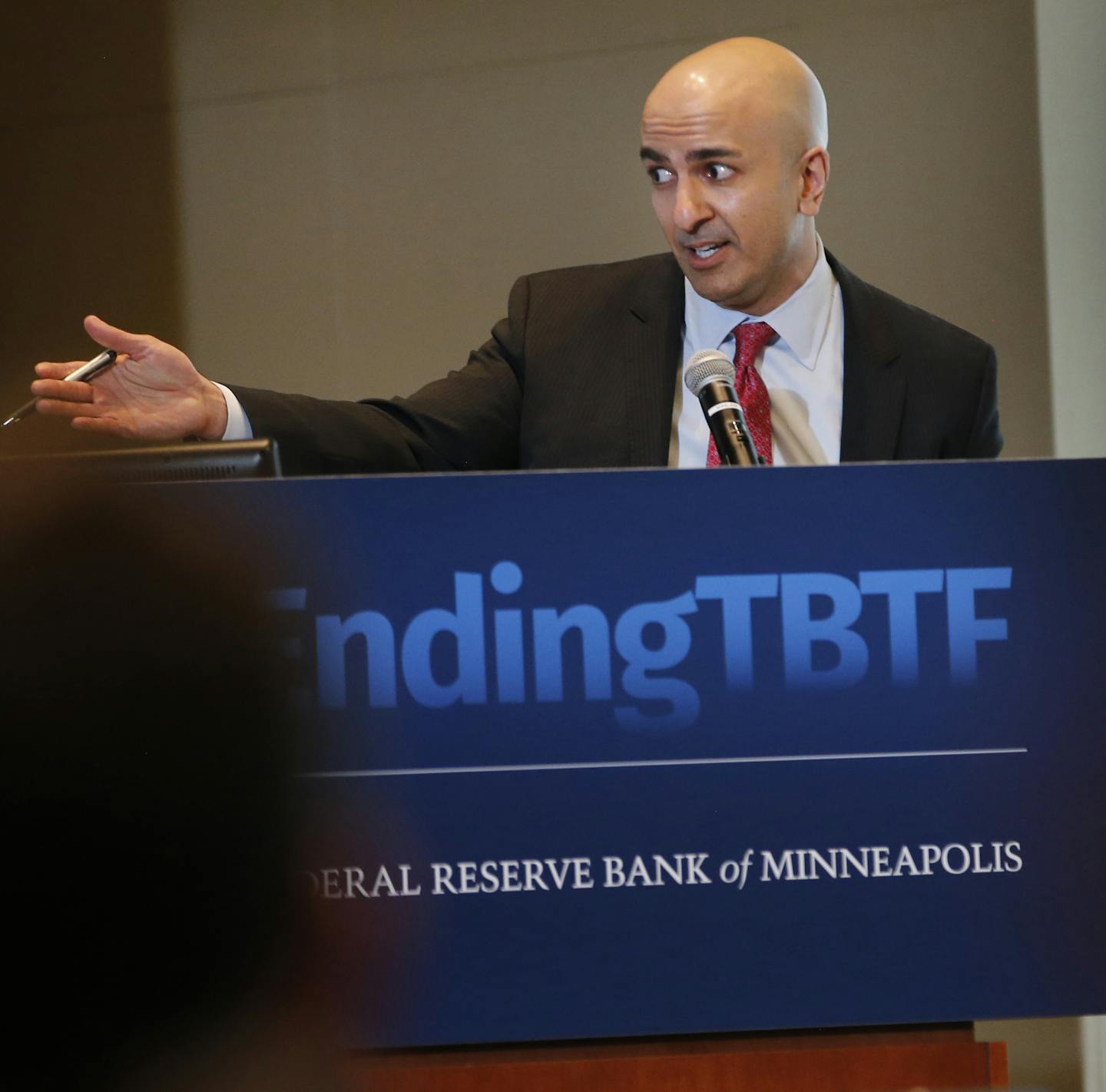 At the Federal Bank building in Minneapolis where a banking symposium on reforms and ending "too big to fail" took place, Minneapolis Fed Bank president Neel Kashkari addressed the audience.] Richard Tsong-Taatarii/rtsong-taatarii@startribune.com