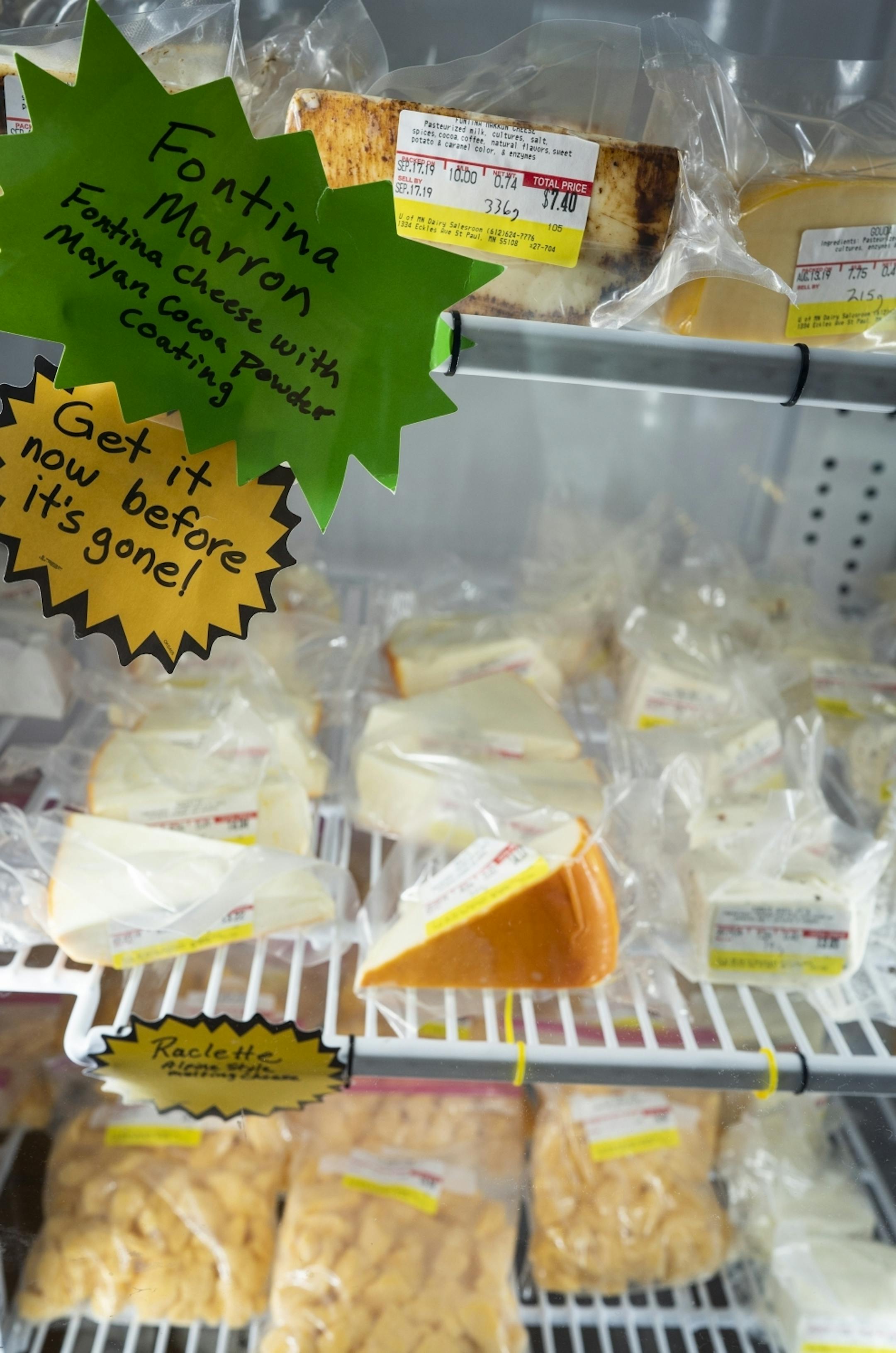 Some of the cheese selection in the Meat and Dairy Salesroom.