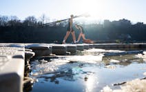 The University of Minnesota women’s rowing team practices in 50-degree temps on the Mississippi River in Minneapolis, Minn., on Wednesday, Jan. 31, 