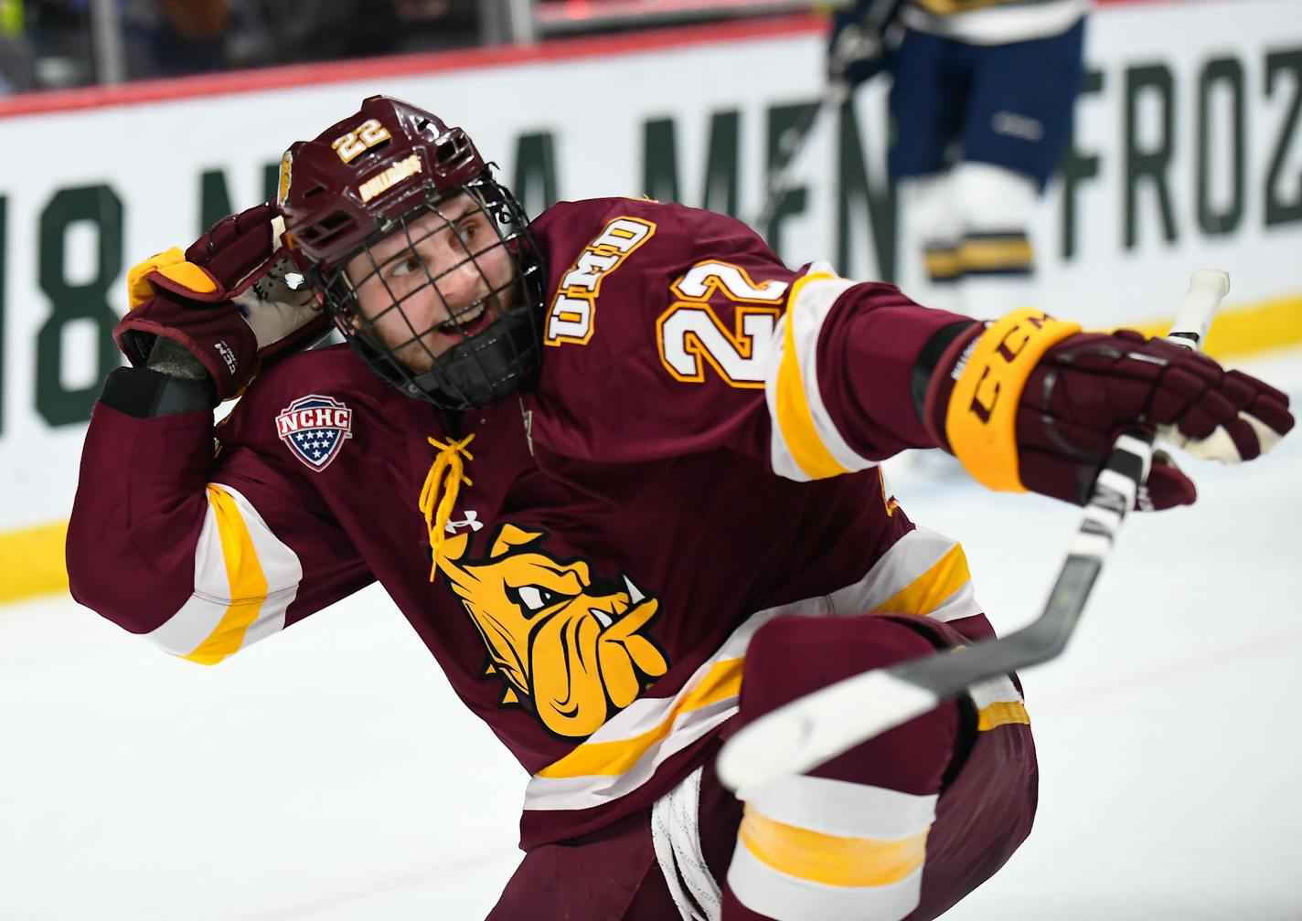 Minnesota-Duluth Bulldogs center Jared Thomas (22) celebrated his first period goal against the Notre Dame Fighting Irish. ] AARON LAVINSKY • aaron.lavinsky@startribune.com The University of Minnesota-Duluth Bulldogs played the Notre Dame Fighting Irish in the NCAA Championship men's hockey game on Friday, April 6, 2018 at Xcel Energy Center in St. Paul, Minn.