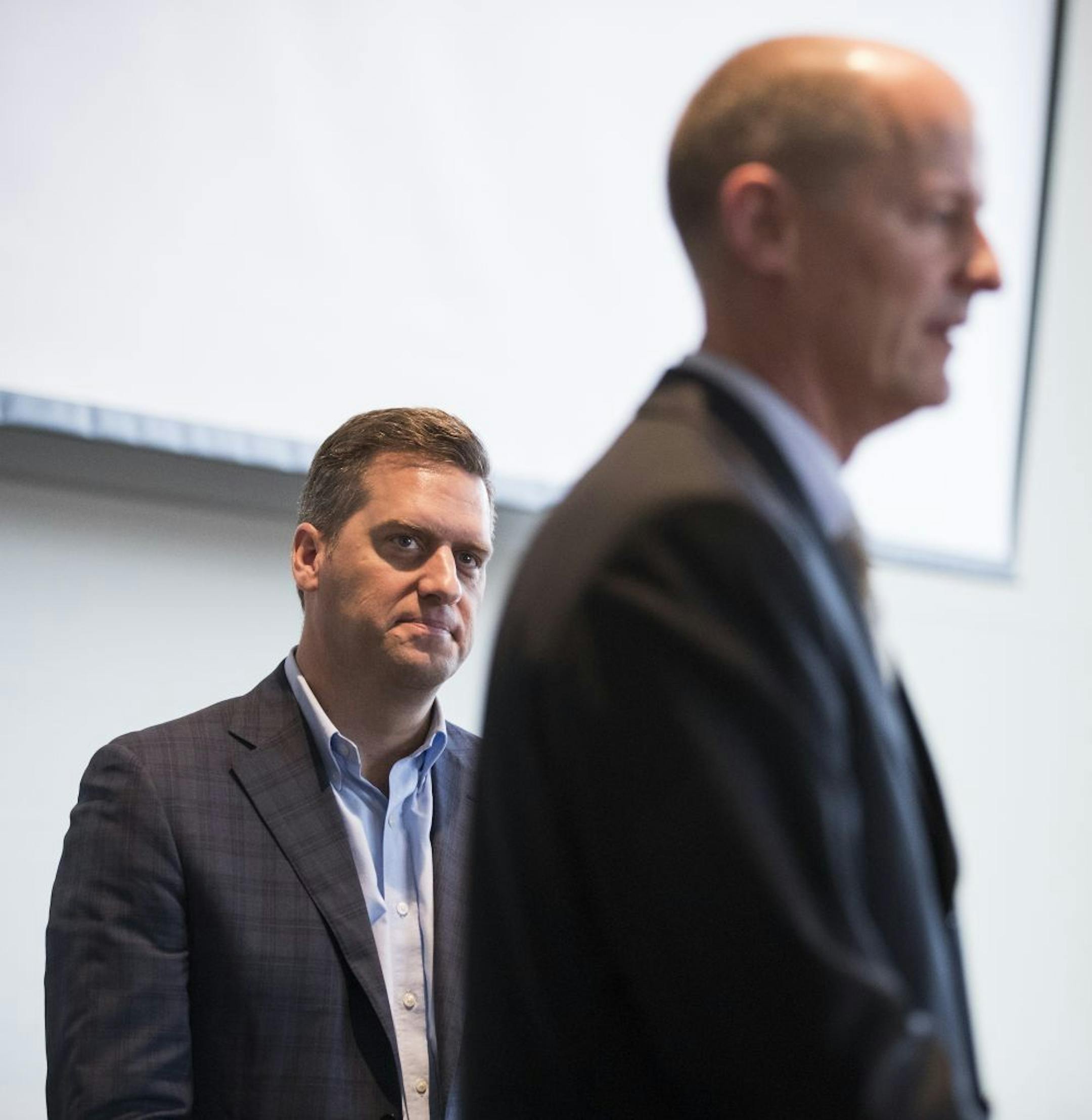 Speaker of the House Kurt Daudt, R-Crown watches as Senate Majority Leader Paul Gazelka, R-Nisswa speaks during the Minnesota Budget and Economic Forecast press conference.
