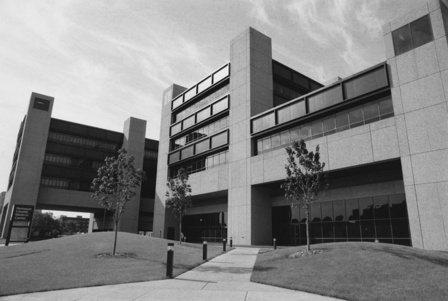 Hennepin County Medical Center, 6th Street view, 1980s. File photo courtesy of the Hennepin County Medical Center, received in 1987.