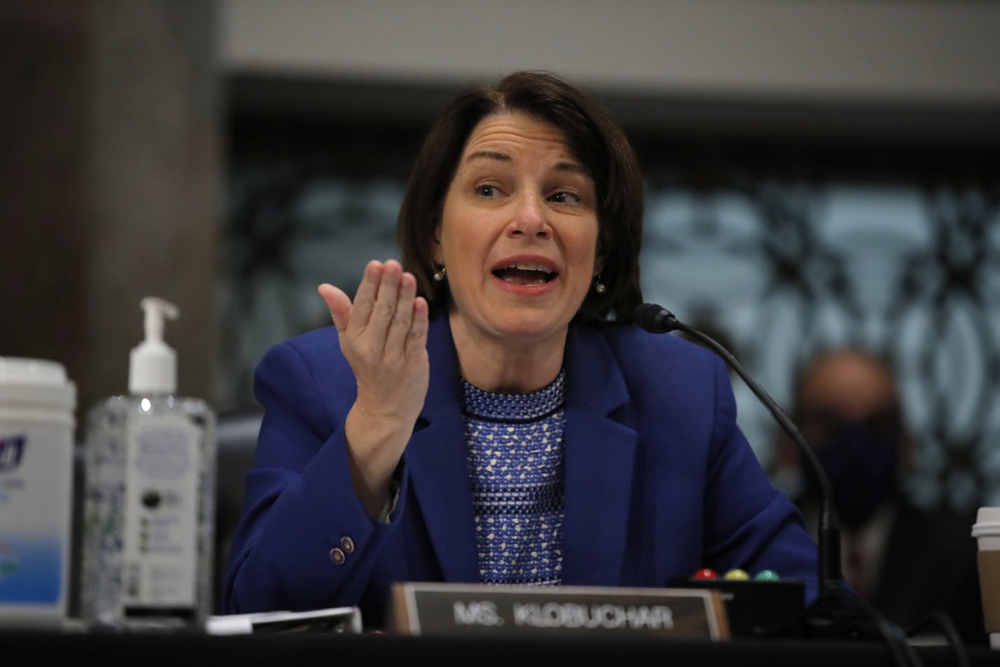 Sen. Amy Klobuchar, D-Minn., gives her opening statement during a Senate Judiciary Committee business meeting on Capitol Hill in Washington, Thursday, June 11, 2020. (AP Photo/Carolyn Kaster, Pool)