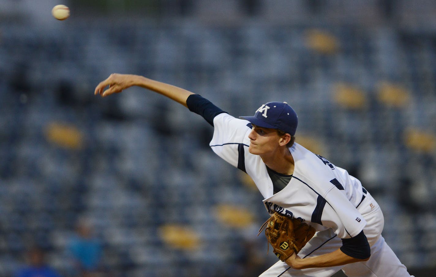 Mahtomedi's Sean Hjelle pitched in the bottom of the fourth inning Friday evening in St. Paul.