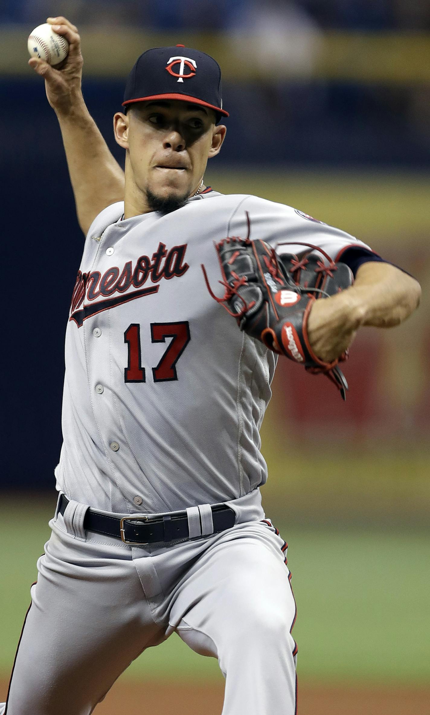 Minnesota Twins starting pitcher Jose Berrios delivers to the Tampa Bay Rays during the first inning of a baseball game, Monday, Sept. 4, 2017, in St. Petersburg, Fla. (AP Photo/Chris O'Meara)