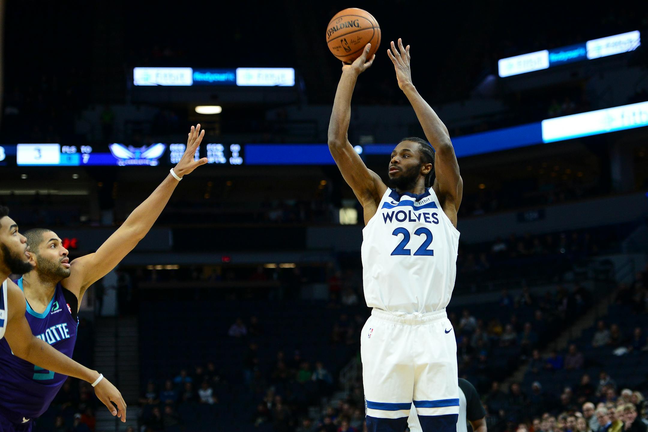 Timberwolves forward Andrew Wiggins hit a three-pointer in a recent game against the Charlotte Hornets.