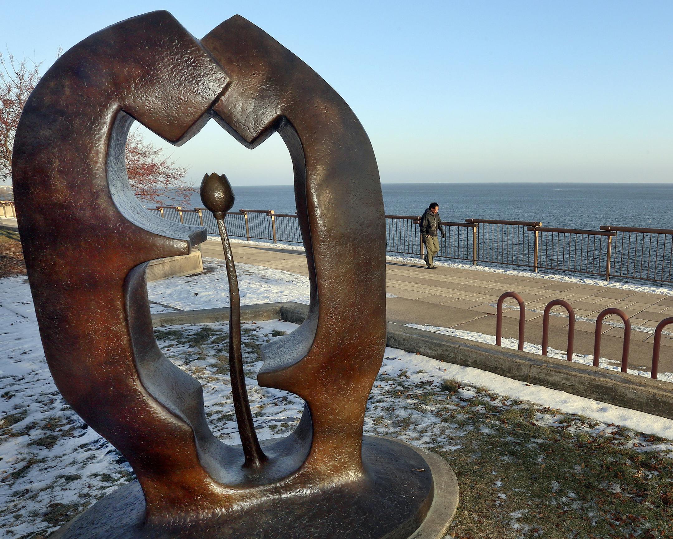 The sculpture "Green Bear" sits near Lake Superior in Duluth's Lake Place Park, which will now be called Gichi-ode' Akiing.