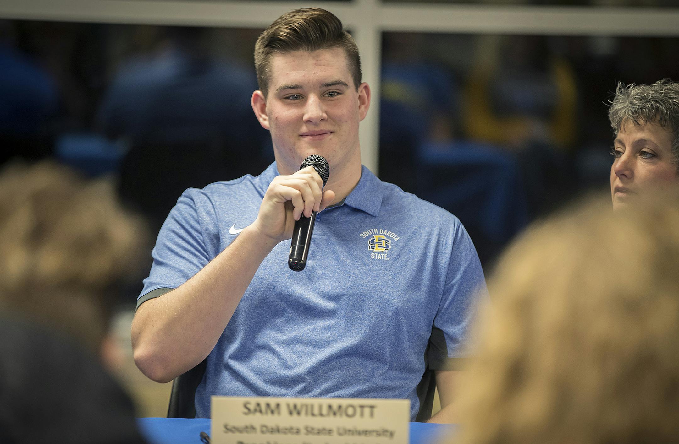 Rosemount football player Sam Willmott addressed a small crowd of players, students, and parents before he signed to play football for South Dakota State University during a "Signing day" ceremony at Rosemount High School, Wednesday, December 20, 2017 in Rosemount, MN. ] ELIZABETH FLORES &#xef; liz.flores@startribune.com