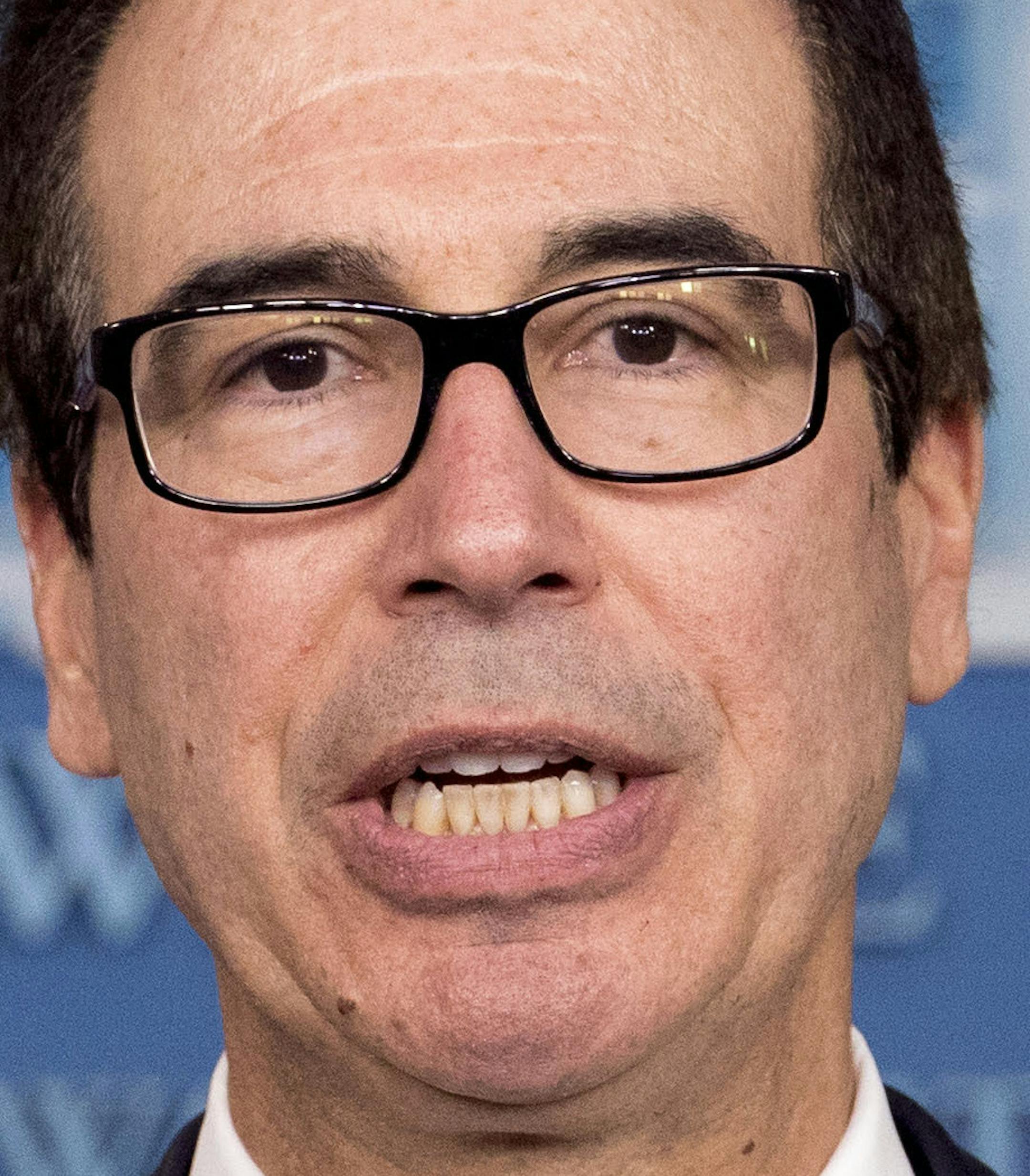 Treasury Secretary Steven Mnuchin speakd in the Briefing Room of the White House in Washington, Friday, Oct. 11, 2019. (AP Photo/Andrew Harnik) ORG XMIT: DCAH102