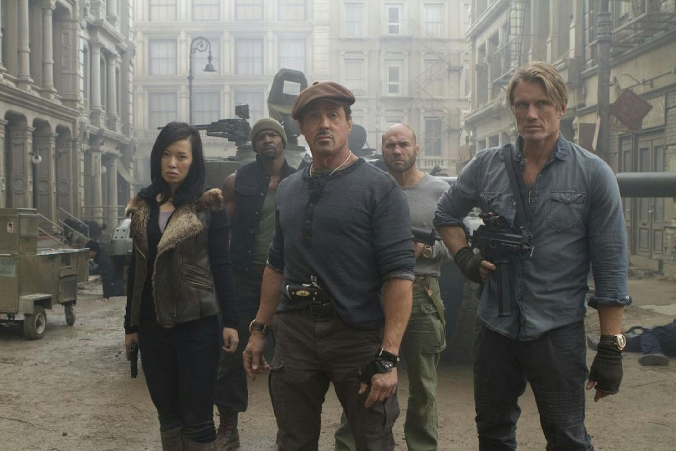 Yu Nan, Sylvester Stallone, Dolph Lundgren, Terry Crews (back left) and Randy Couture (back right) in "The Expendables 2."