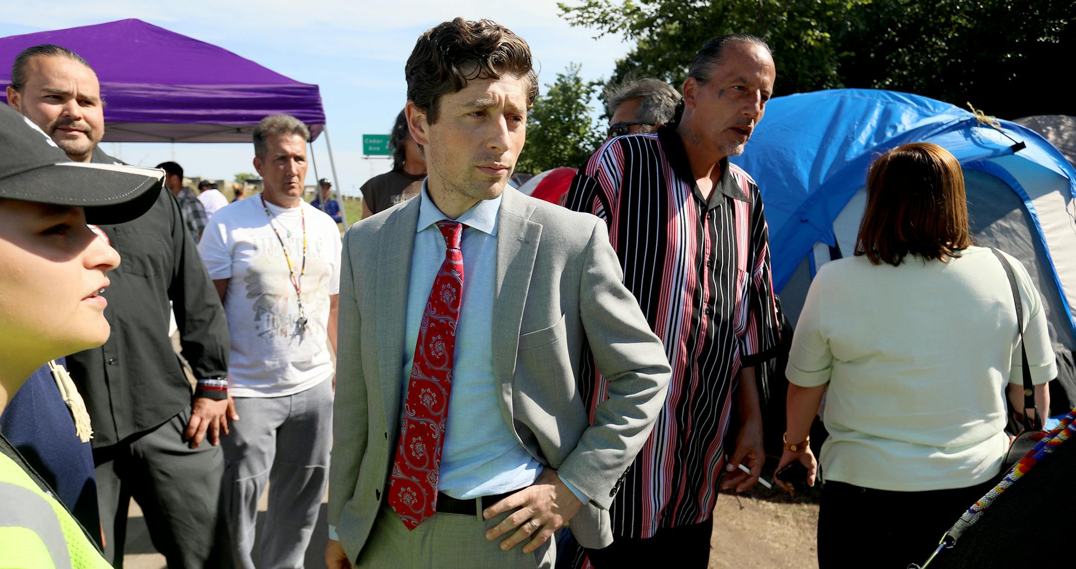 Minneapolis Mayor Jacob Frey visited the growing homeless encampment near the LIttle Earth housing project last week, and talked with American Indian leaders at the site.