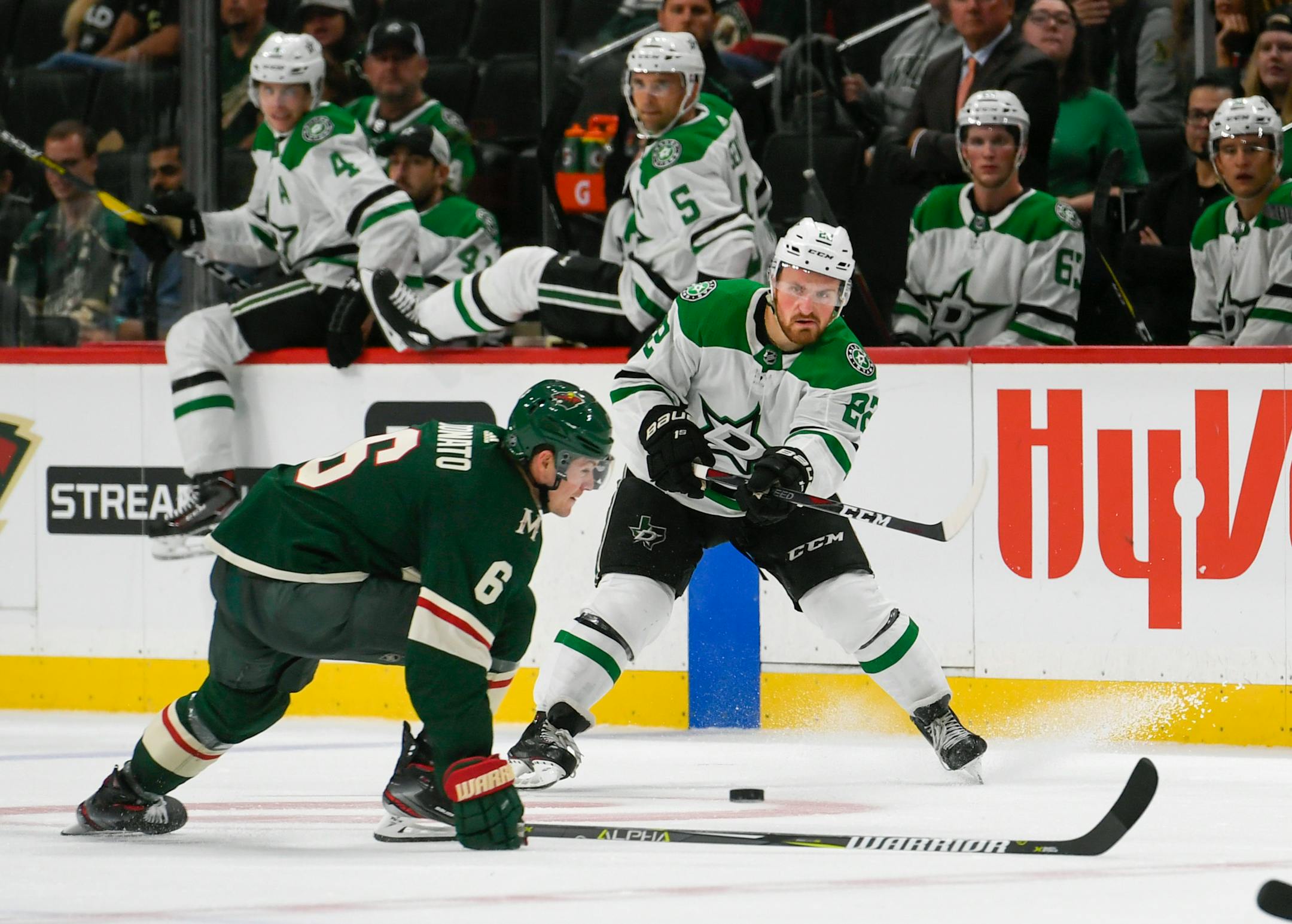 Adam Mascherin's pass is blocked by the Wild's Ryan Donato during a preseason game.