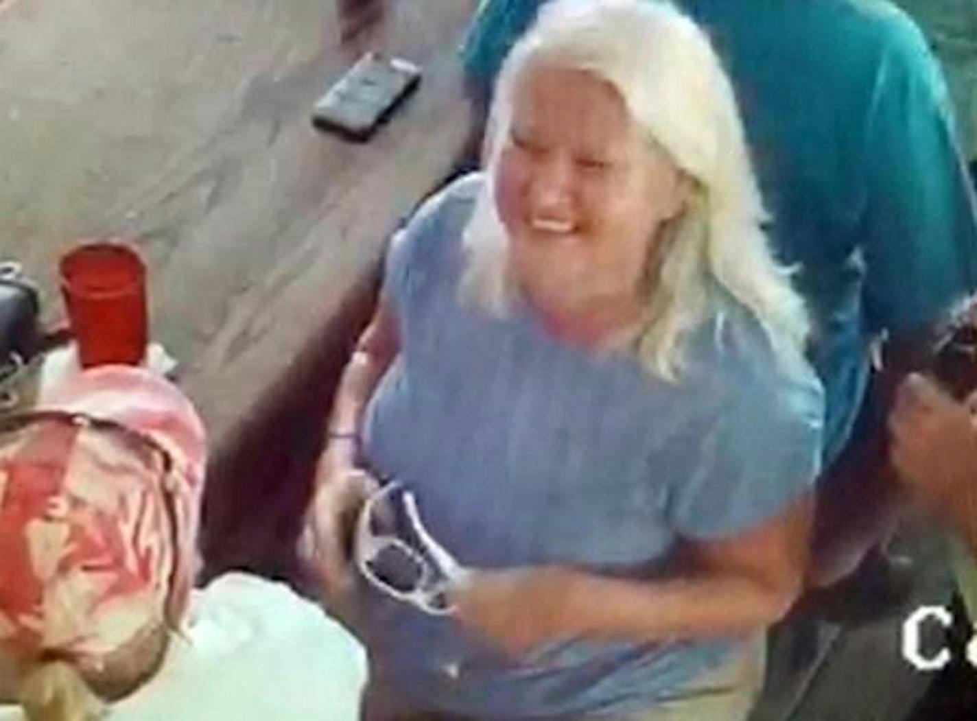 Taken at a happy hour on April 5 at the Smokin&#x2019; Oyster Brewery in Fort Myers, Fla., video showed Lois Riess, of Blooming Prairie, Minn., talking to a woman police later identified as 59-year-old Pamela Hutchinson.