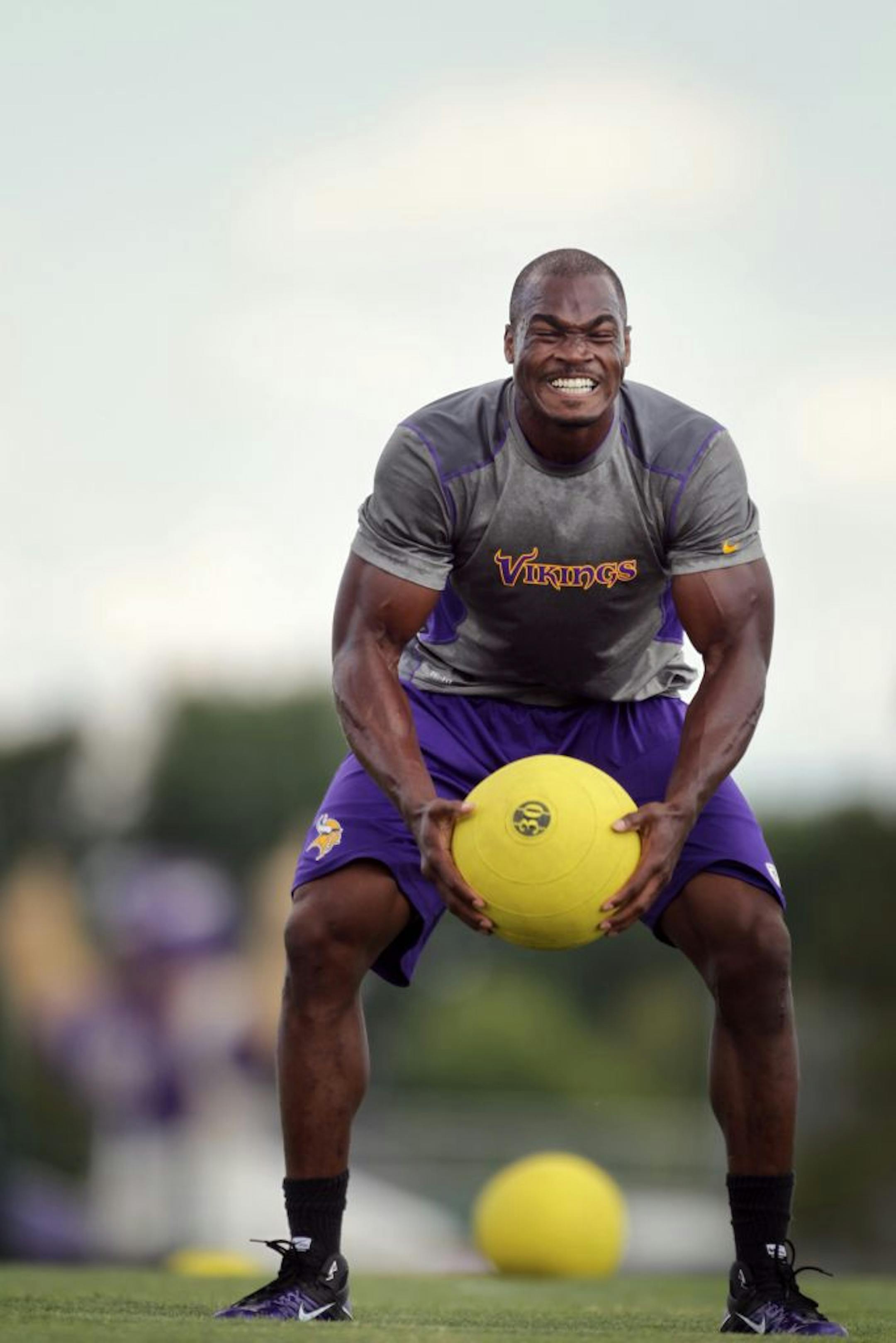 Adrian Peterson was placed on the teams physically unable to perform list today, but continued his rehab during the first day of practice at Minnesota State University, Mankato Friday July 27, 2012 Mankato ,MN .