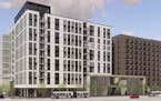 Rendering shows the mixed-use project Sherman Associates plans on a portion of Thrivent's property in downtown Minneapolis. Courtesy ESG
