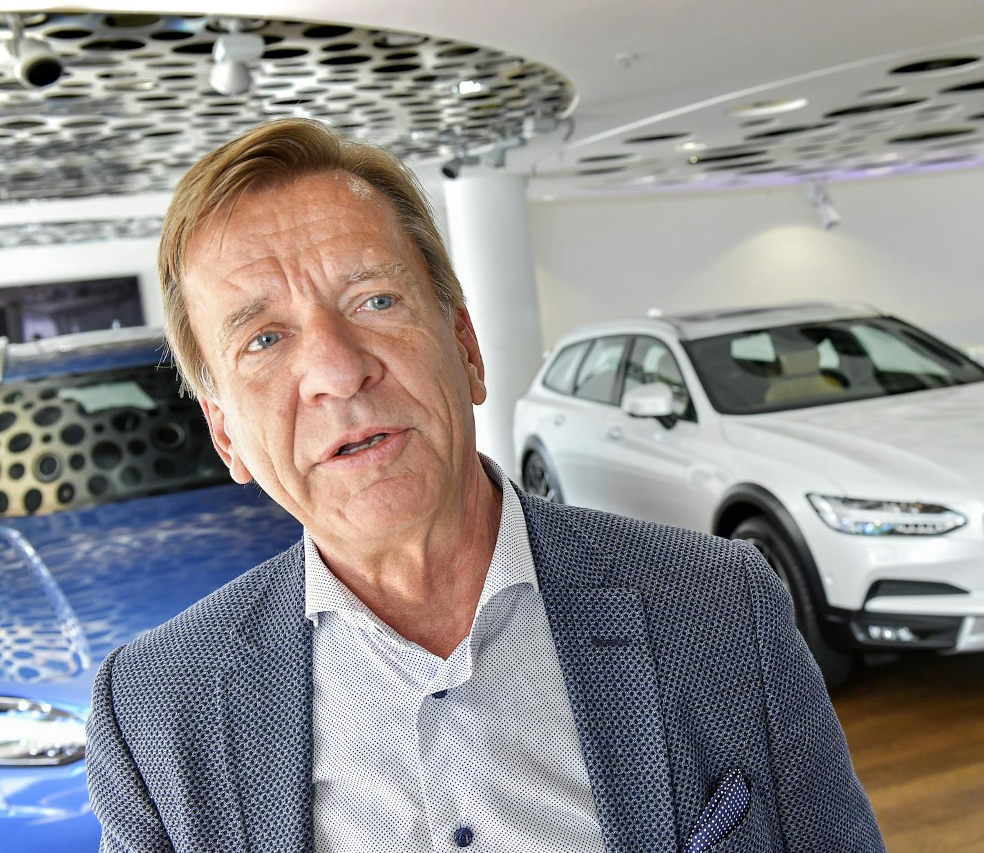 Volvo Cars CEO Hakan Samuelsson during an interview with TT News Agency at Volvo Cars Showroom in Stockholm, Sweden, Wednesday, July 5, 2017. Samuelsson said that all Volvo cars will be electric or hybrid within two years. The Chinese-owned automotive group plans to phase out the conventional car engine. (Jonas Ekstr&#xf6;mer/TT via AP)