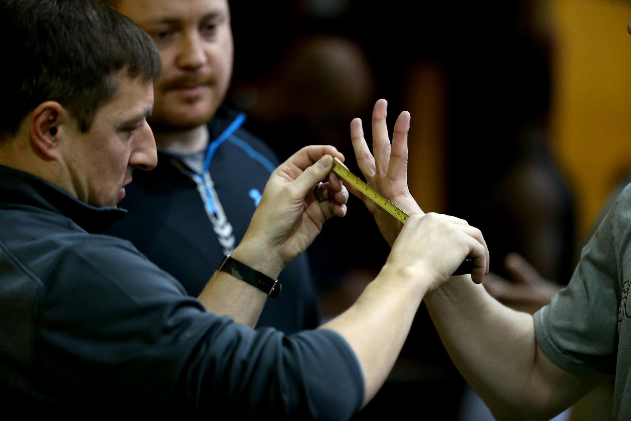 University of Minnesota players' hands were measured during Pro Day at the Nagurski building on campus, Monday, March 2, 2015. Professional NFL scouts were on hand to take a look at former Gophers and local former college football players. ] (ELIZABETH FLORES/STAR TRIBUNE) ELIZABETH FLORES � eflores@startribune.com