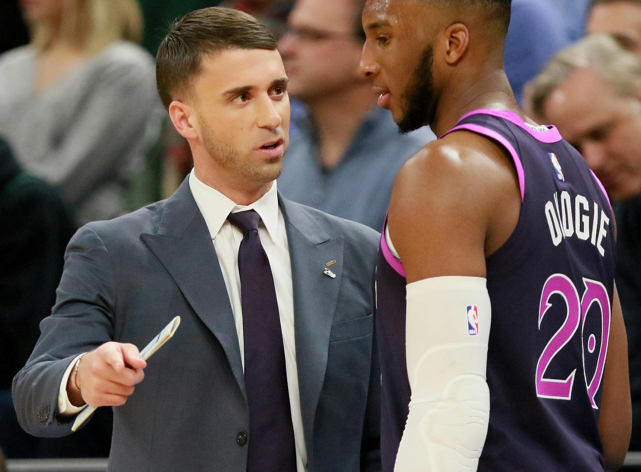 Minnesota Timberwolves interim head coach Ryan Saunders during the first half of his first home game against the Dallas Mavericks Friday, Jan. 11, 2019, at the Target Center in Minneapolis, MN.] DAVID JOLES &#x2022; david.joles@startribune.com This will be interim head coach Ryan Saunders first home game