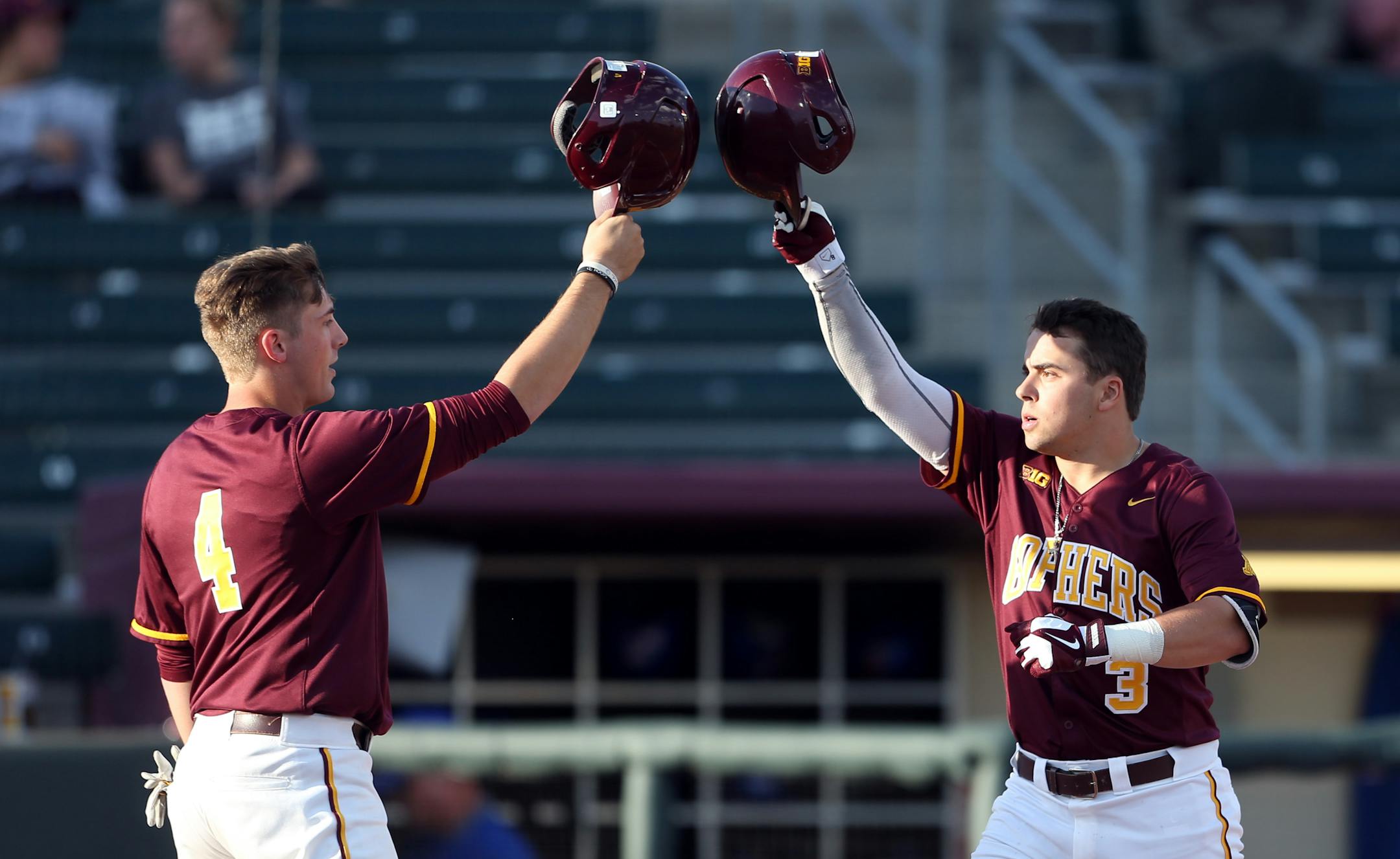 Matt Fiedler (right) celebrated his first inning homer with Connor Schaefbauer against Kansas at Siebert Field on Tuesday.