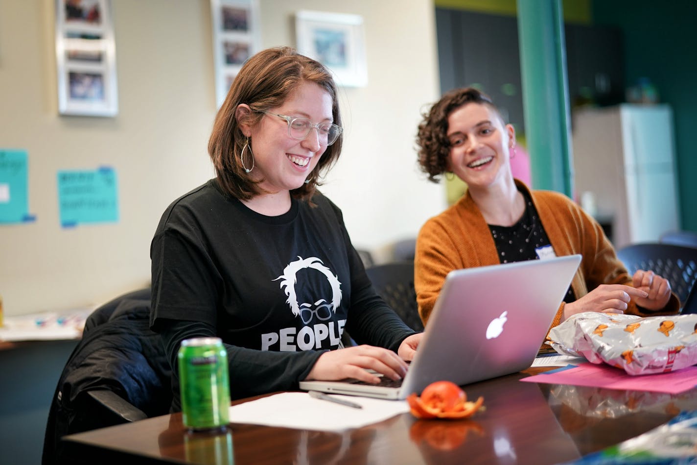 Bernie Sanders supporters Naomi Hornstein and Miriam Kelberg texted voters from St. Paul's TakeAction Minnesota office.