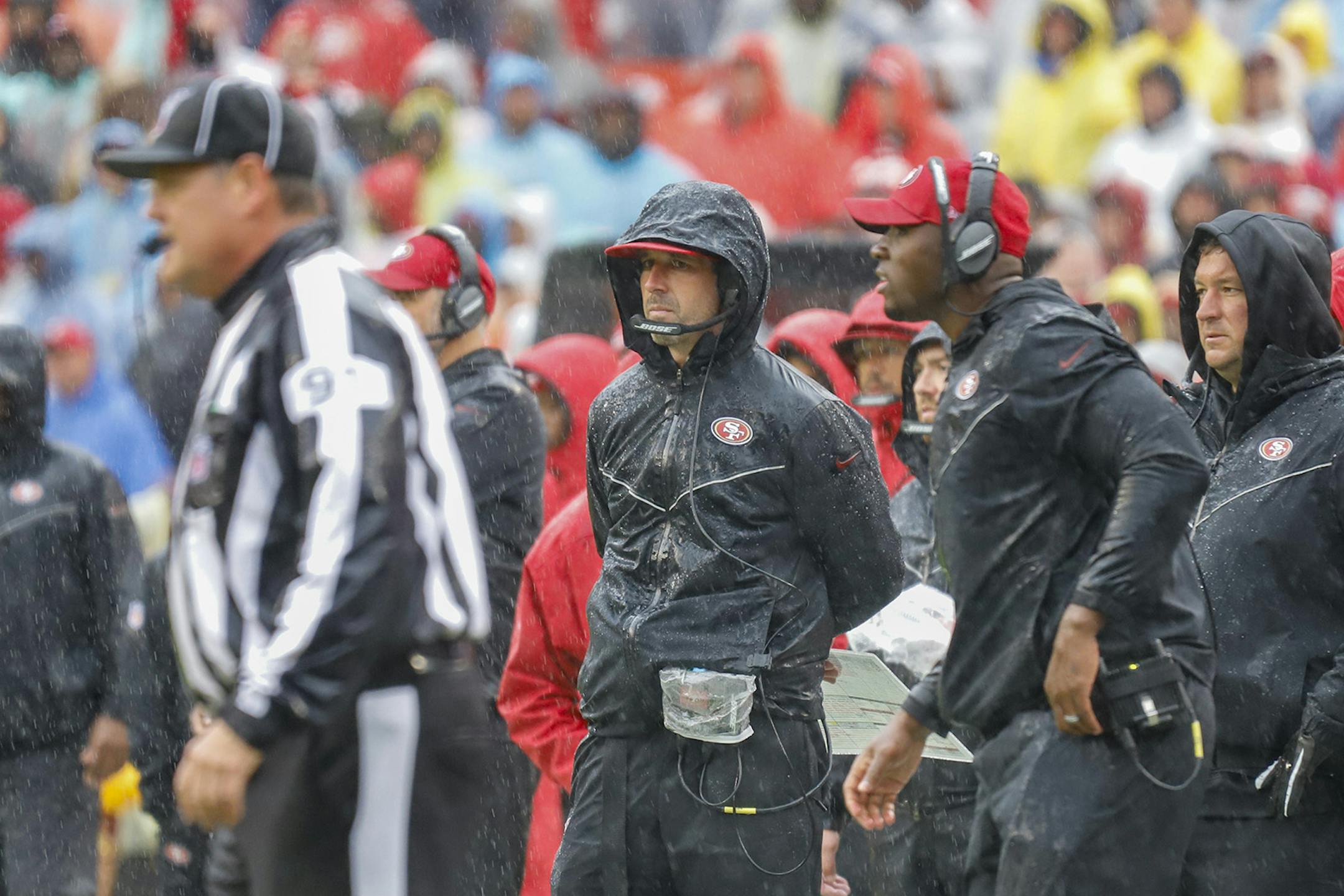 San Francisco 49ers Head Coach Kyle Shanahan watches from the sideline while playing the Washington Redskins at FedExField on October 20, 2019 in Landover, Maryland. (Darryl Smith/TNS) ORG XMIT: 1466492