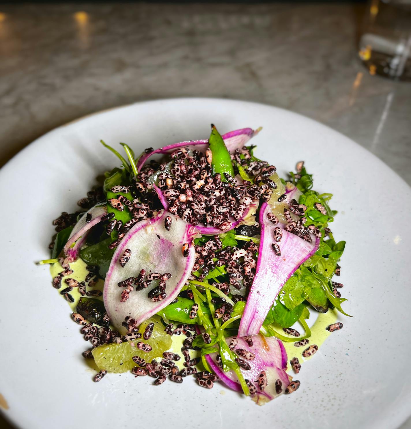 Grilled pea salad from All Saints. Photo by Jon Cheng