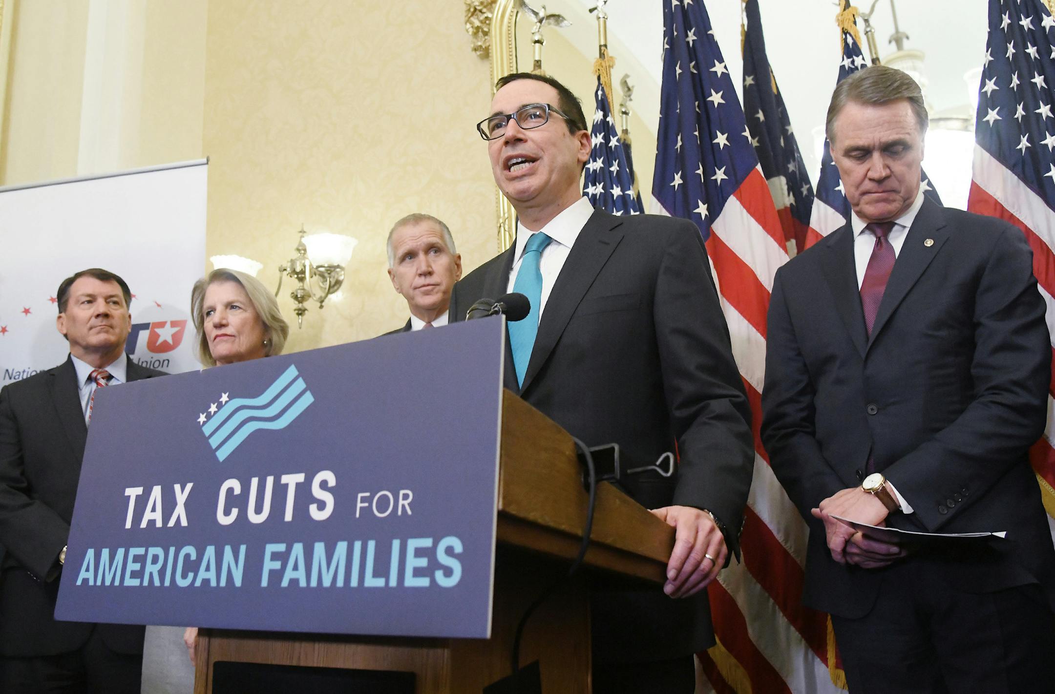 Treasury Secretary Steven Mnuchin, with GOP senators and Treasury Secretary Steven Mnuchin, speaks during a news conference on tax reform at the Capitol on Tuesday, Nov. 7, 2017 in Washington, D.C. (Olivier Douliery/Abaca Press/TNS) ORG XMIT: 1215285