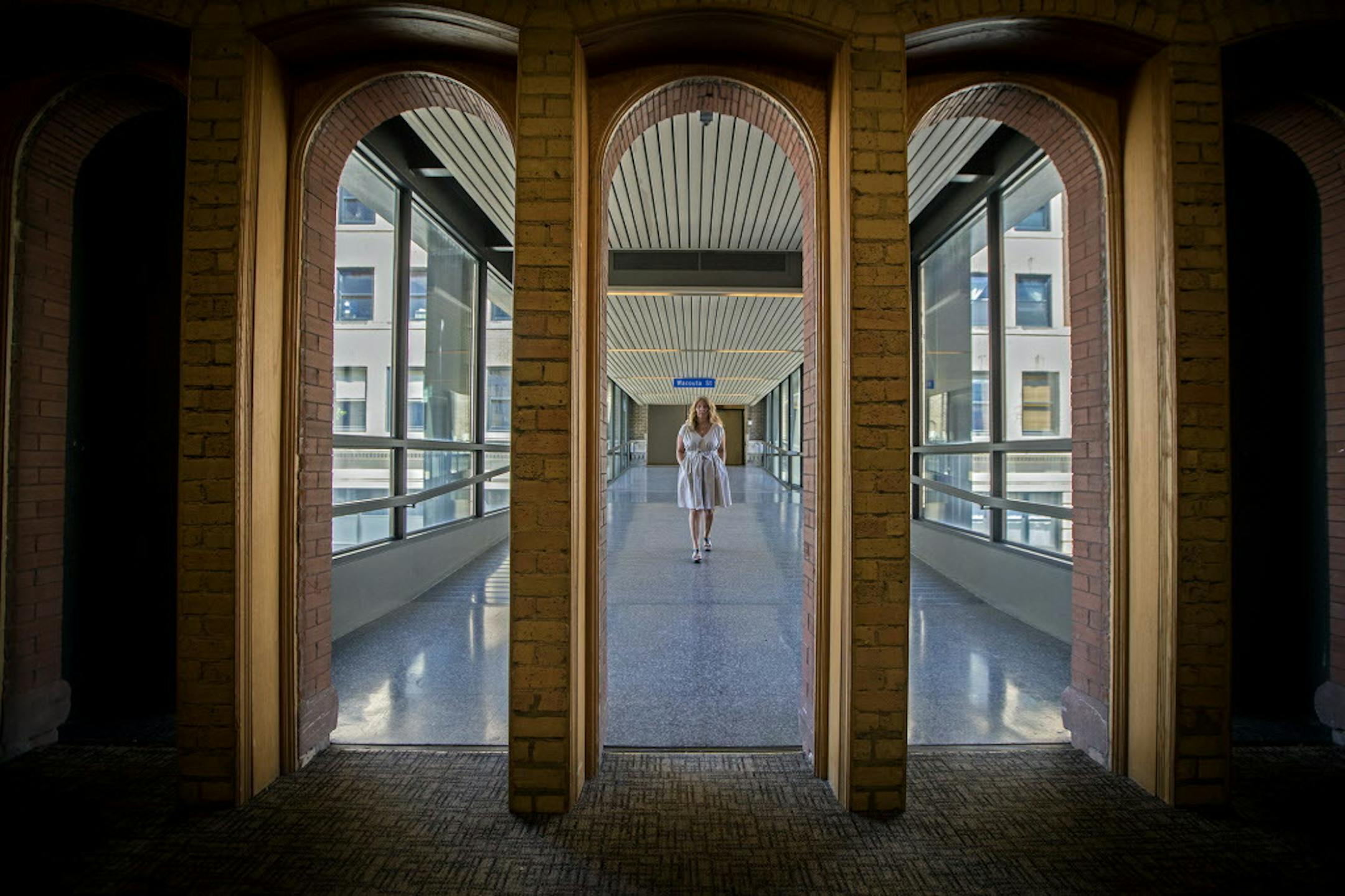 Jaunae Brooks, a Lowertown building owner, stood in the skyway that she believes should be able to lock to prevent people from coming through her building and creating problems at night, Wednesday, June 7, 2017 in St. Paul, MN. The city will consider Brooks' request to close her skyway earlier at Wednesday's council meeting. ] ELIZABETH FLORES ï liz.flores@startribune.com