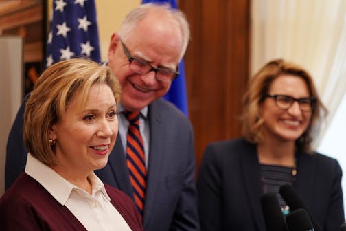 Gwen Walz, her husband Gov.-elect Tim Walz, and Lt. Gov.-elect Peggy Flanagan talked with reporters during a press conference at their transition offices in the State Capitol Thursday morning.