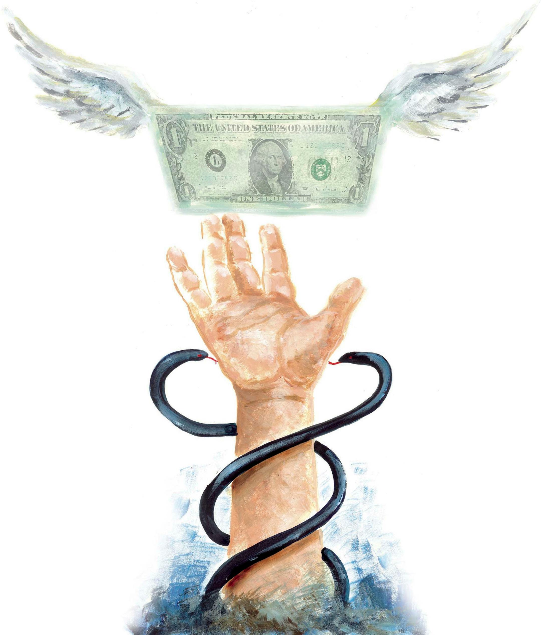 300 dpi SW Parra color illustration of money flying away from snake-flanked "caduceus" hand. The Fresno Bee 2007<p> health insurance illustration healthcare care caduceus snake flying money wings debt medical hospital doctor bills hand reaching 07000000; HTH; krthealthmed; krtnational national; krt; mctillustration; 07004000; 07012000; HEA; health organization; krthealth; private health care; 04000000; 04006005; 04006018; FIN; health care provider; health-care provider; krtbusiness business; krt