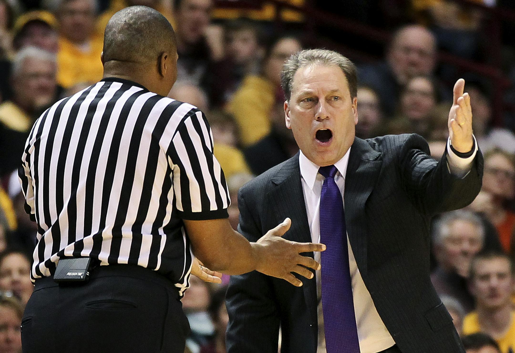 Michigan State coach Tom Izzo argues a call against the Gophers earlier this season.