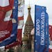 Flags with the logo of the World Cup 2018 are displayed with the St. Basil's Cathedral in the background, in Moscow, Russia, Monday, June 4, 2018. The