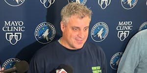 Timberwolves assistant Micah Nori addresses the media Wednesday. Chris Finch will still coach the playoff series with the Nuggets in some fashion afte