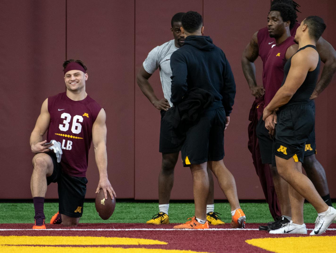 The Minnesota Gophers are held their annual "Pro Day," where departing players work out for NFL scouts. Blake Cashman (left) had a very good trip to the NFL Combine last month. ] brian.peterson@startribune.com Minneapolis, MN Wednesday, March 27, 2019