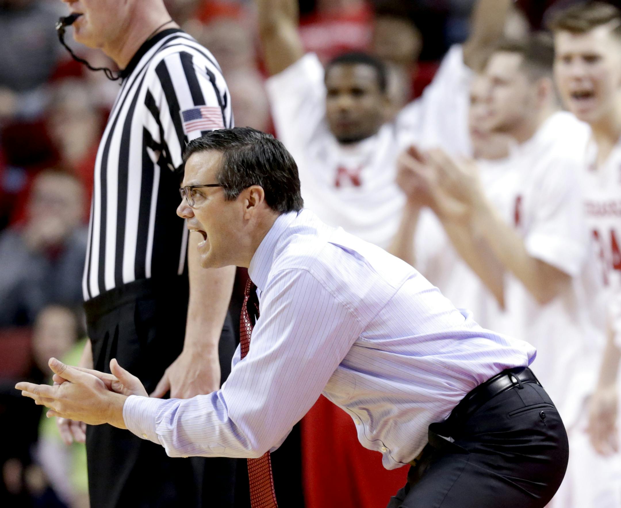 Nebraska coach Tim Miles calls instructions during the first half of an NCAA college basketball game against Cal State Fullerton in Lincoln, Neb., Saturday, Dec. 22, 2018. (AP Photo/Nati Harnik) ORG XMIT: NENH107