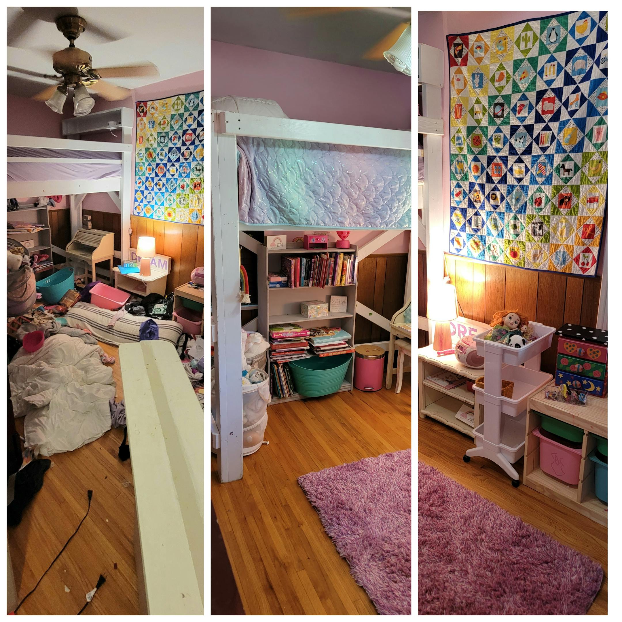 Three vertical photos show a girl's bedroom. First one has blankets, clothing and storage bins scattered across the floor. The next two items show books, toys and other items organized on shelves.