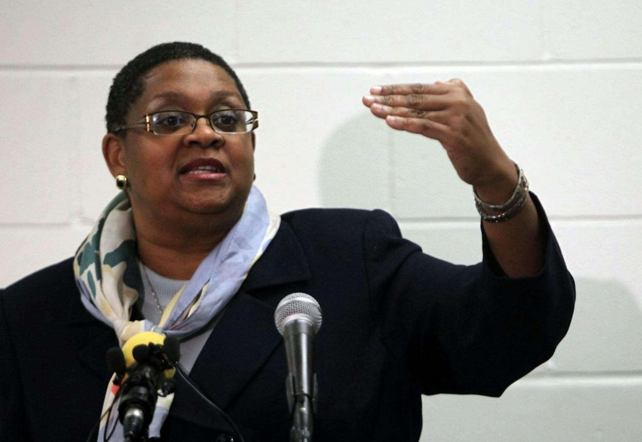 During a press conference at the Webster Complex MPS superintentent Bernadeia Johnson again announced the district's plans to close North High and then added a plan to reorganize and launch a new North High in 2012. In this photo:]