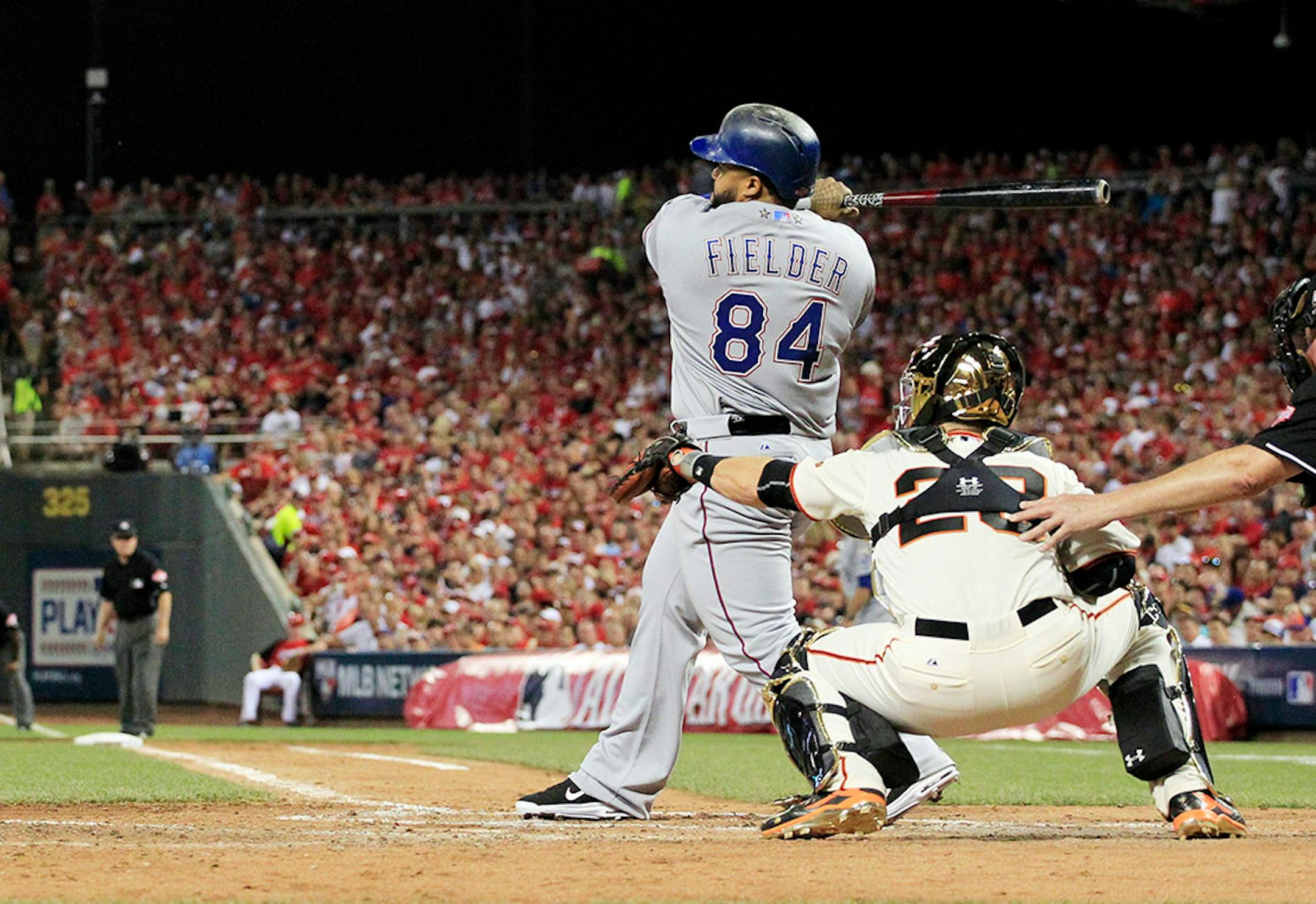 American League's Prince Fielder, of the Texas Rangers, hits an RBI single during the fifth inning of the MLB All-Star baseball game, Tuesday, July 14, 2015, in Cincinnati.