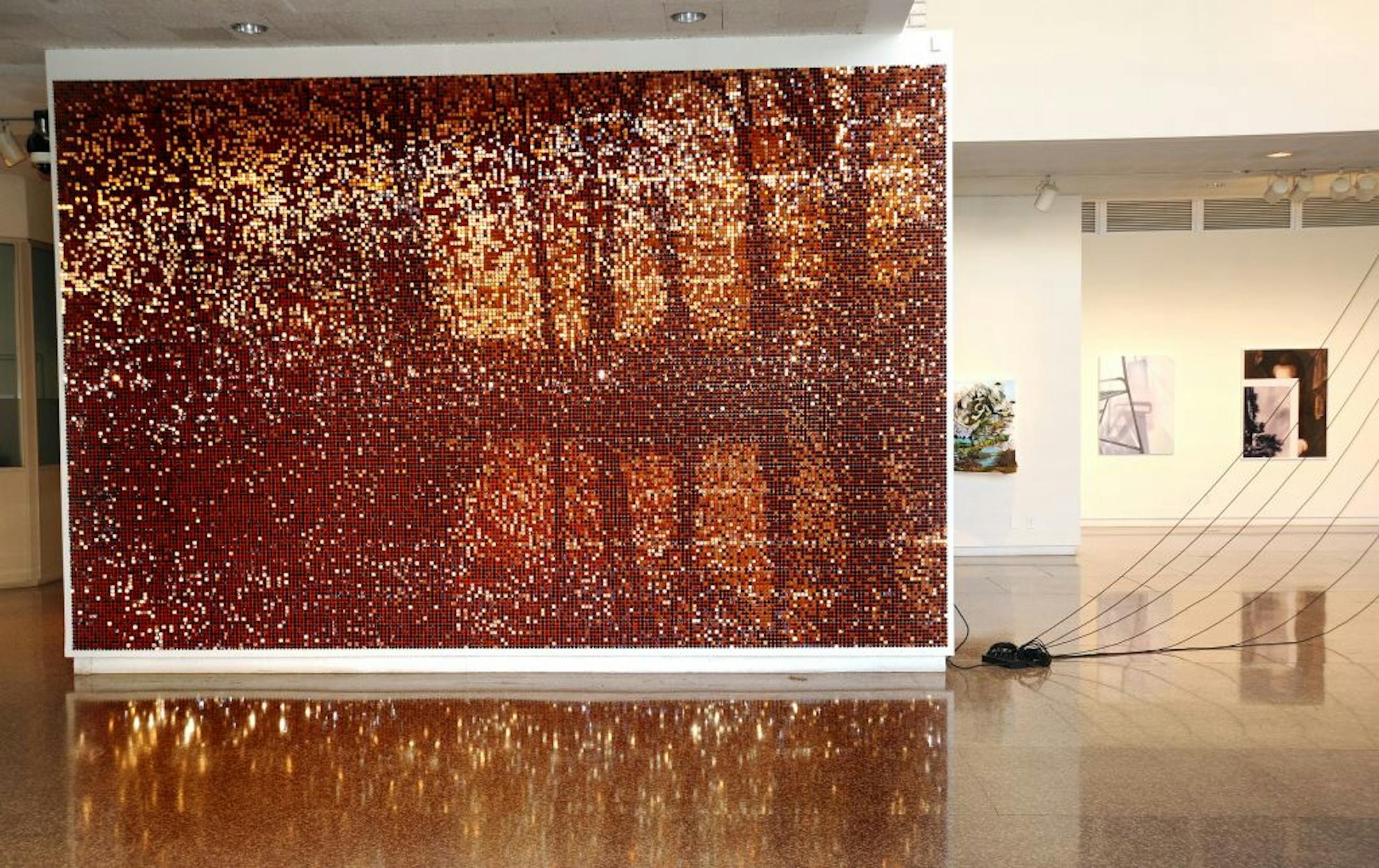 Richard Barlow's "Pixelated Bromide" installation is made with thousands of shimmering black-and-gold plastic tabs.
