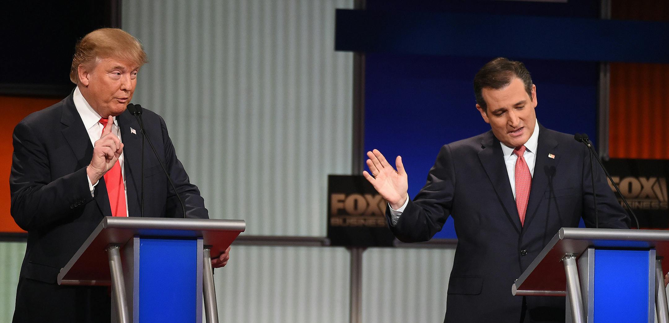 Republican presidential candidate, businessman Donald Trump speaks as Republican presidential candidate, Sen. Ted Cruz, R-Texas, looks on during the Fox Business Network Republican presidential debate at the North Charleston Coliseum, Thursday, Jan. 14, 2016, in North Charleston, S.C.(AP Photo/Rainier Ehrhardt) ORG XMIT: MIN2016011421230780