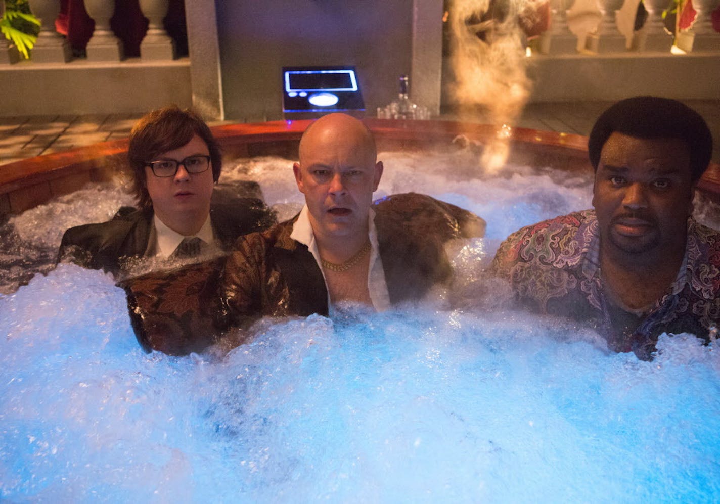 In this image released by Paramount Pictures/MGM, Clark Duke, from left, Rob Corddry and Craig Robinson appear in a scene from "Hot Tub Time Machine 2." (AP Photo/Paramount Pictures/MGM, Steve Dietl) ORG XMIT: MIN2015021812175128